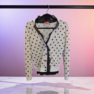 Live to be Spoiled Beige Black Polka Dots & Lace Accents Cardigan Sweater Medium